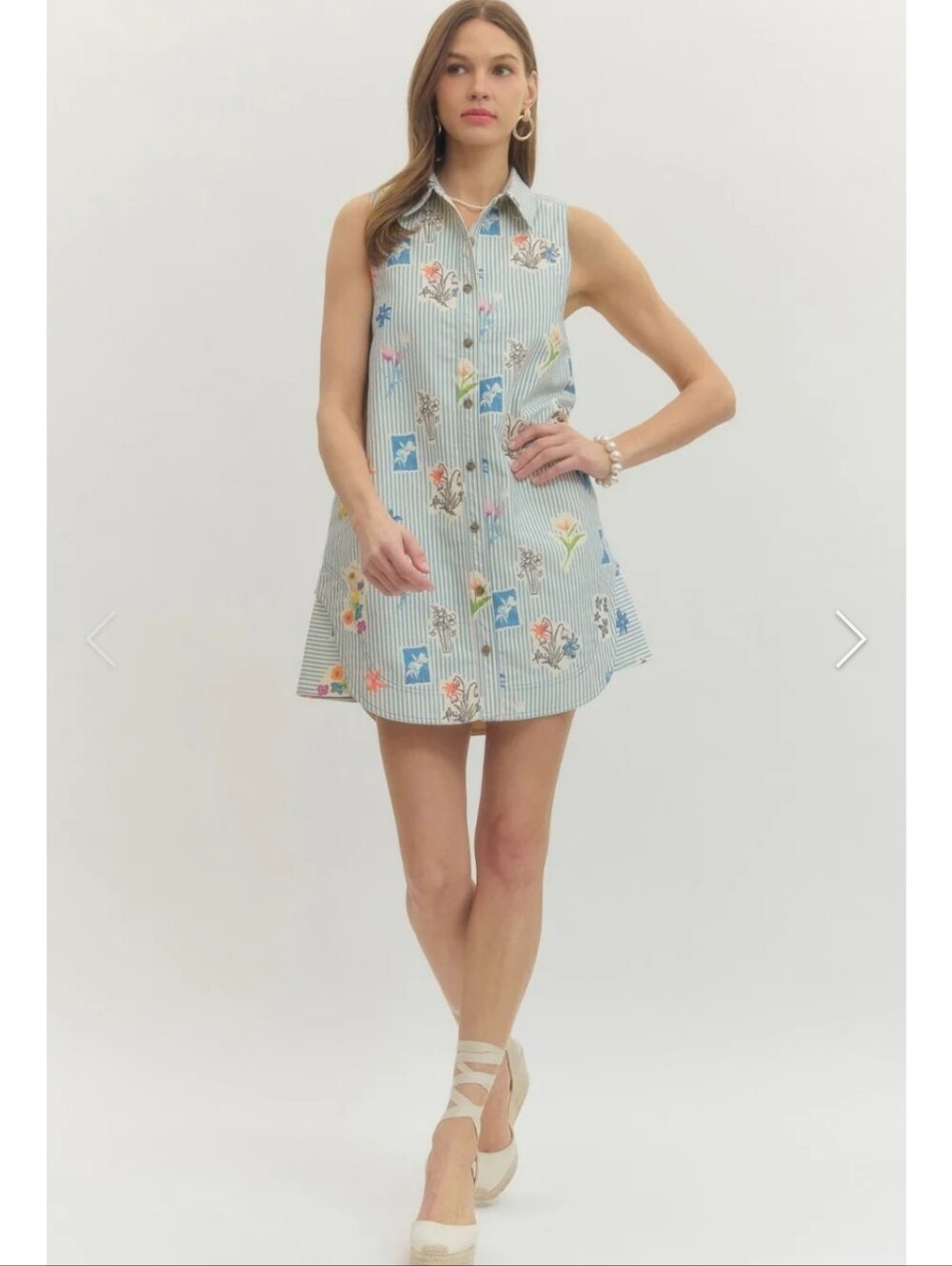 Entro Striped Floral Sleeveless Shirt Dress in Light Blue